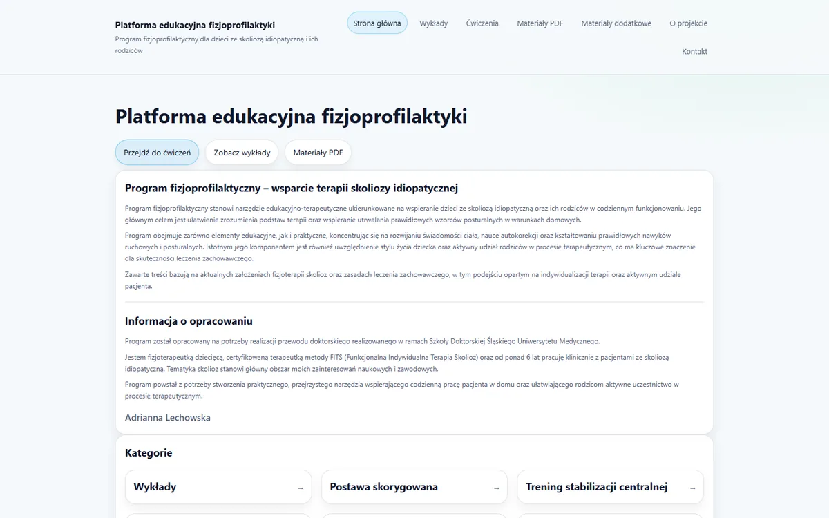Platforma edukacyjna fizjoprofilaktyki skoliozy — wykłady, ćwiczenia, materiały PDF